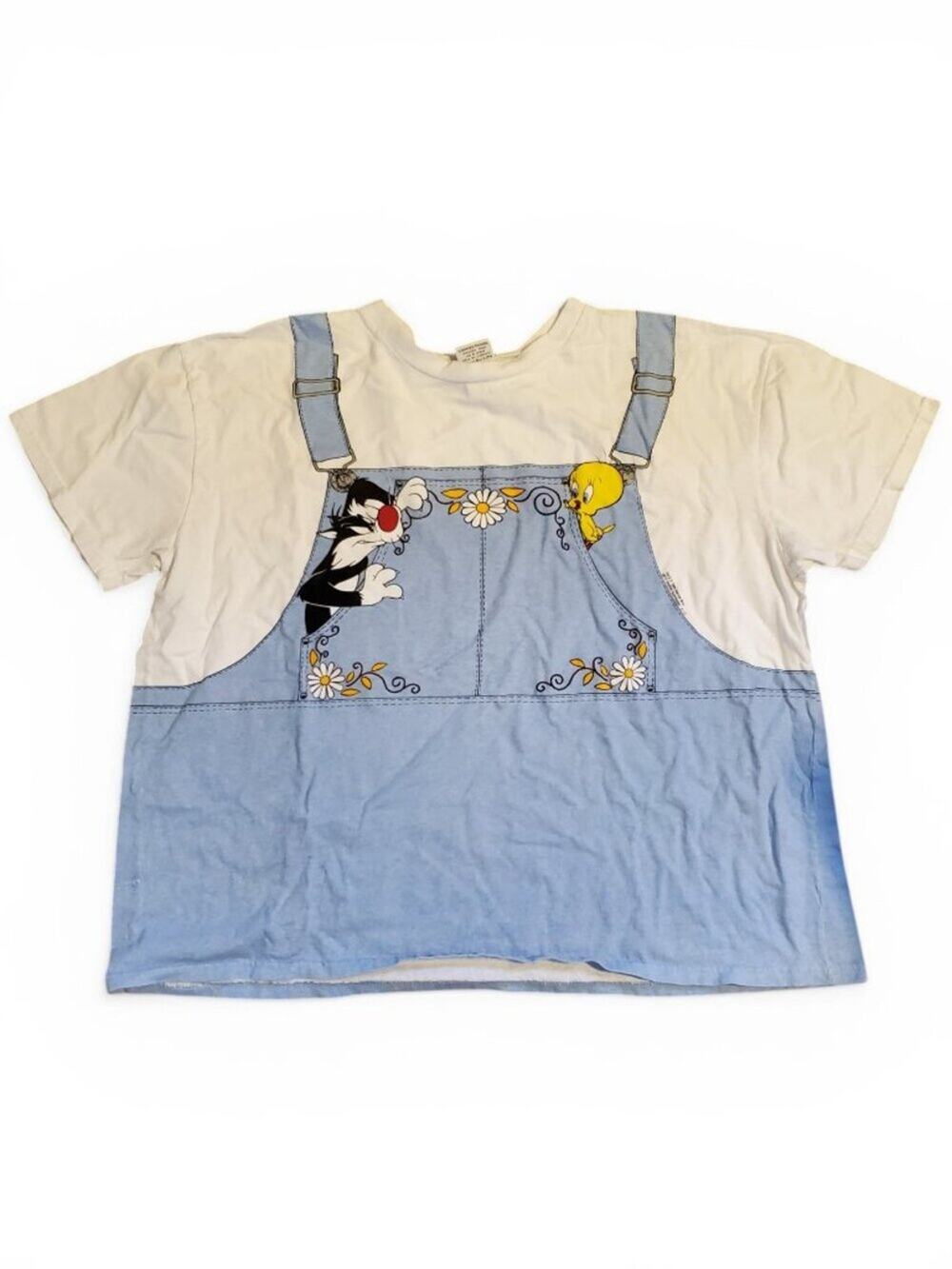 Vintage 1996 Looney Tune Sylvester Tweety Bird Overalls AOP Tee T Shirt Size 3XL